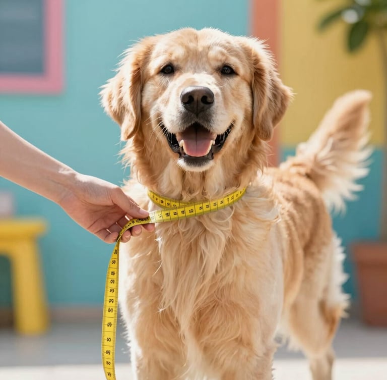A cheerful golden retriever standing calmly while a warm hand gently wraps a yellow measuring tape around its chest, bright natural light, colorful background.