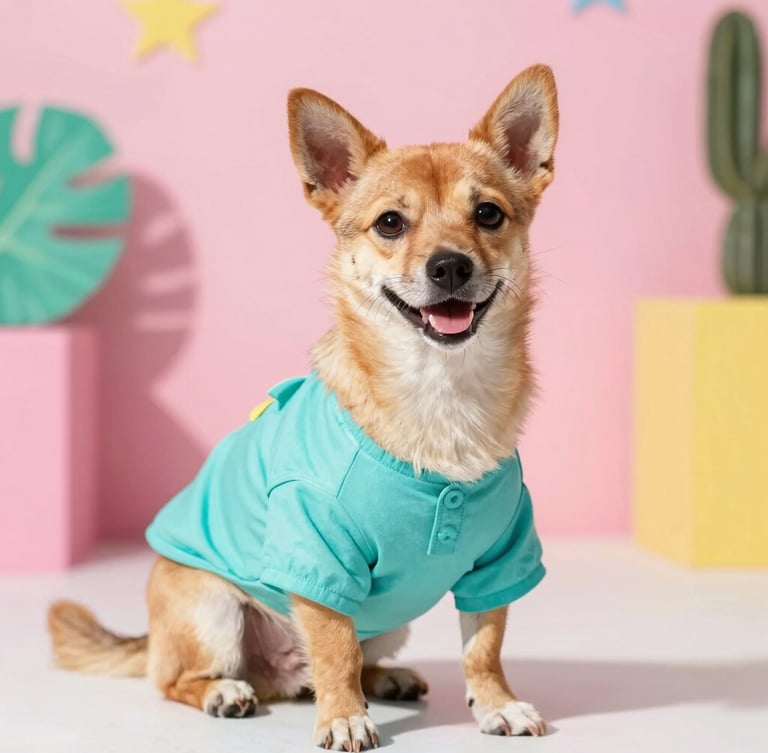 Vibrant pet photography, bright warm natural daylight, colorful playful pink backdrop, sharp focus, shallow depth of field. A happy small dog wearing a colorful handmade turquoise summer shirt, looking directly at the camera.