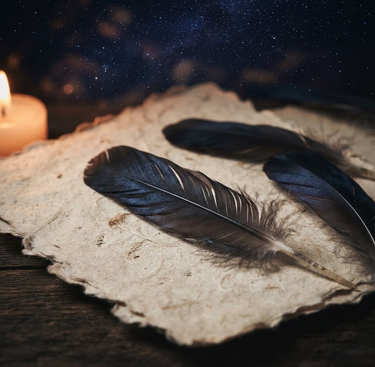 Macro close-up of delicate raven feathers resting on vintage deckled-edge paper, illuminated by soft candlelight, dark moody atmosphere with starlight in background, deep indigo and dusty rose tones.