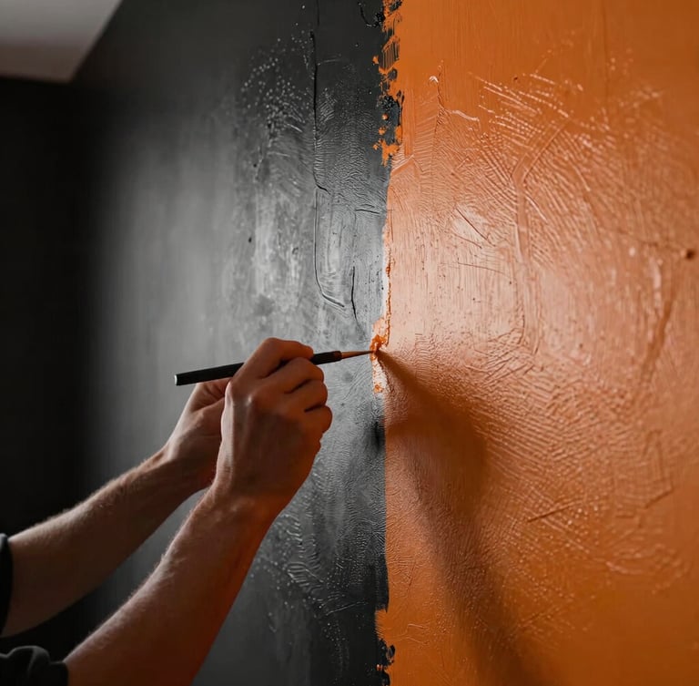 Close-up of a craftsman's hands applying a flawless final coat of textured paint to a modern wall, dramatic side-lighting highlighting the perfect texture, luxury interior