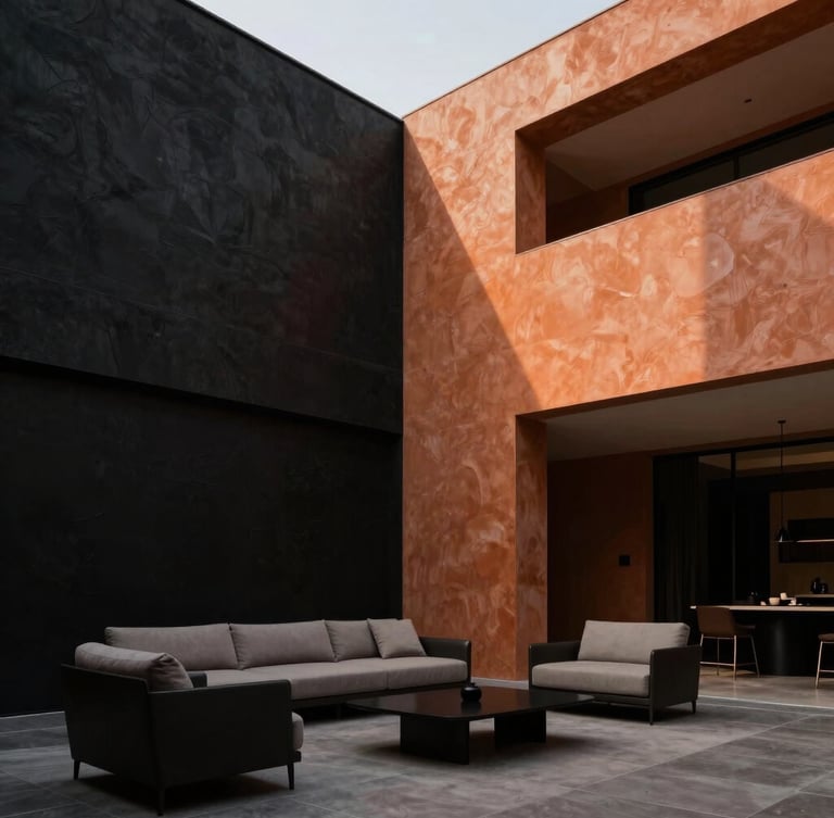 Low-angle architectural shot of a luxury Riyadh villa living room, high-contrast side lighting casting soft shadows on textured plaster walls, minimalist furniture, 35mm lens, premium architectural photography
