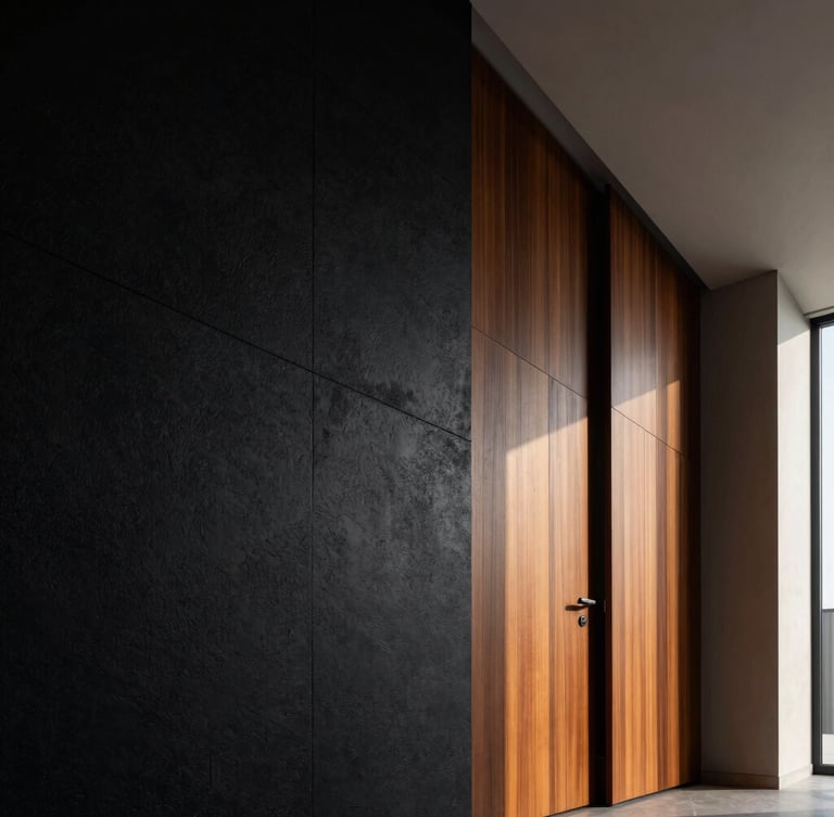 Low-angle architectural shot of a luxury Riyadh villa interior, dramatic side-lighting highlighting a seamless transition between a dark textured wall and warm wood panels, premium architectural photography, 35mm lens.