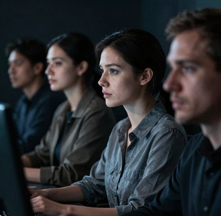 Dramatic cinematic medium close-up of diverse adults in a dark, focused cybersecurity training environment, cool blue rim lighting, steel gray tones, 35mm lens