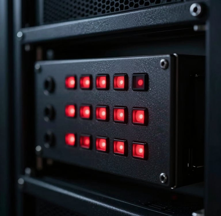 A close-up of a secure hardware device with glowing red status indicators on a server rack, dark technical environment, high contrast.