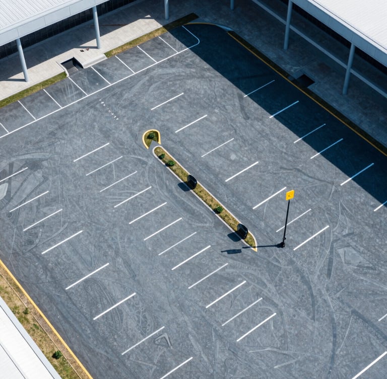 Overhead aerial view of an organized event parking lot at a modern stadium, crisp daylight, high contrast, clean geometric lines, cool blue tones, 35mm