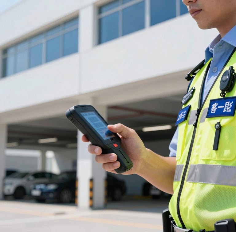 Close-up of a professional parking enforcement officer in a clean branded uniform operating a digital handheld terminal in a bright modern garage