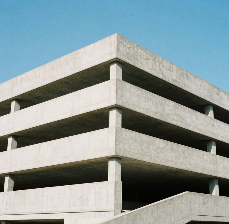 Wide architectural angle of a modern concrete parking structure under bright daylight, clean geometric lines, sharp focus, cool blue sky, 35mm.