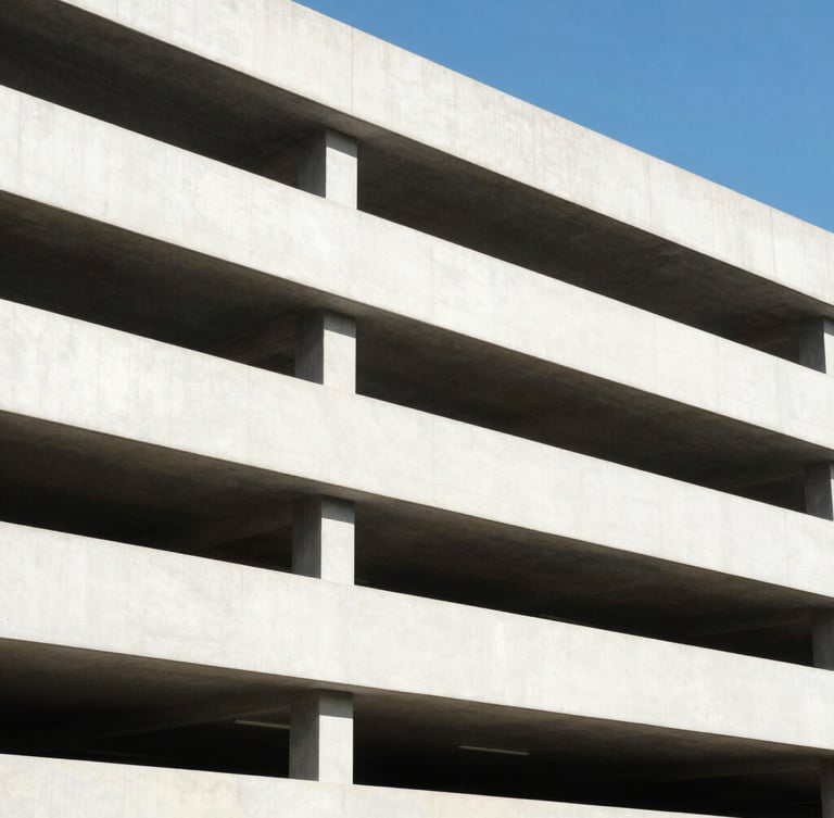 Sharp architectural photography of a modern multi-level parking garage with clean concrete lines, bright daylight, high contrast.