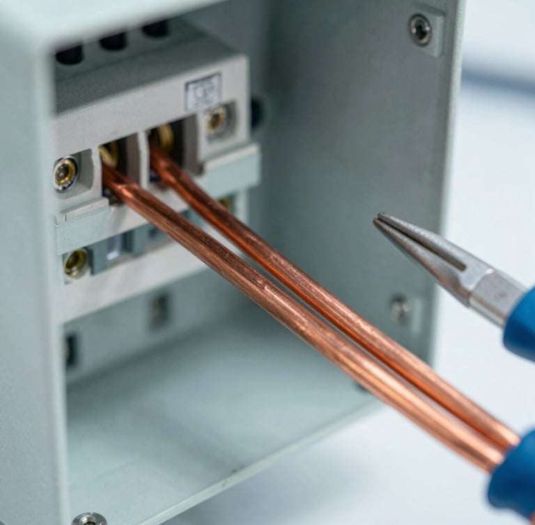 Close-up macro shot of clean copper wiring inside a modern electrical panel, professional tools nearby, bright natural daylight, crisp industrial photography, sharp focus, 35mm lens
