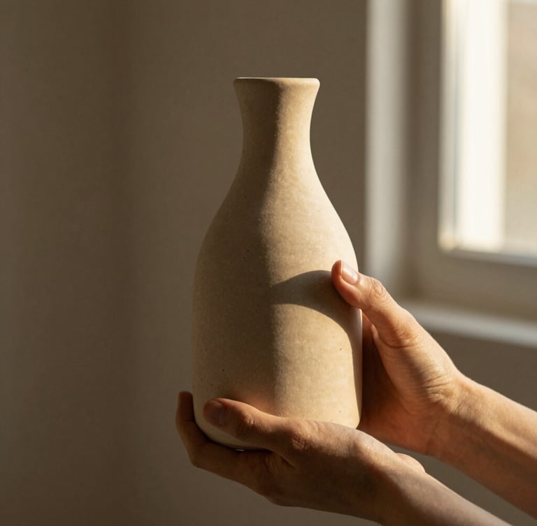 Close-up of hands holding an organic ceramic bottle, soft golden-hour daylight, warm earth tones, muted background, 35mm editorial photography