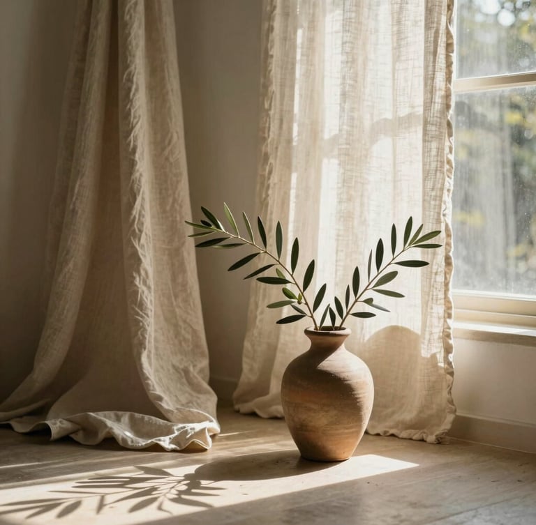 A serene, sun-drenched meditation space with soft linen drapes, olive branches in a clay vase, warm daylight shadows, 35mm editorial photography