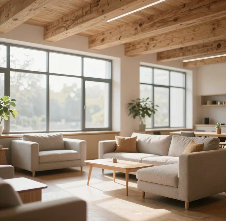 Bright editorial photograph of a modern common room with high ceilings, natural wood beams, large windows with morning sunlight pouring in, soft focus on comfortable seating