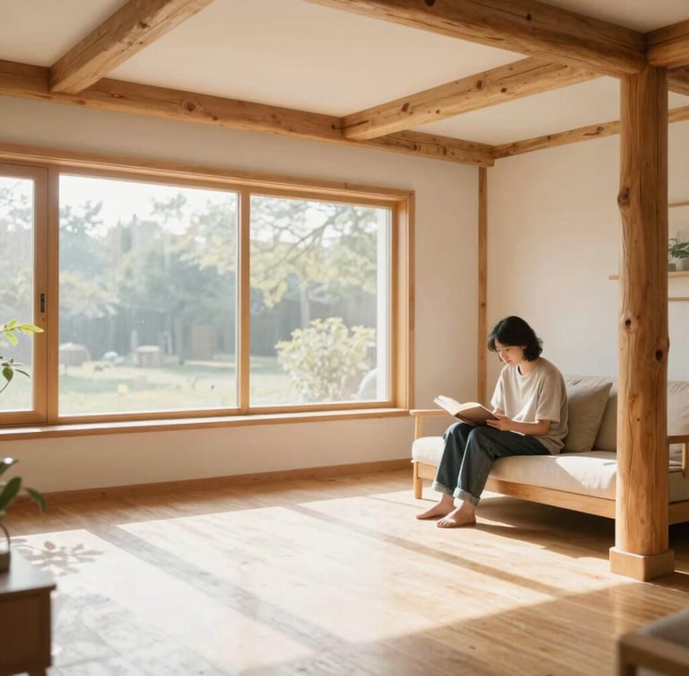 Medium-wide environmental shot of a cozy, sun-drenched common room with natural wood timbers, a resident reading near a large window with soft morning light.