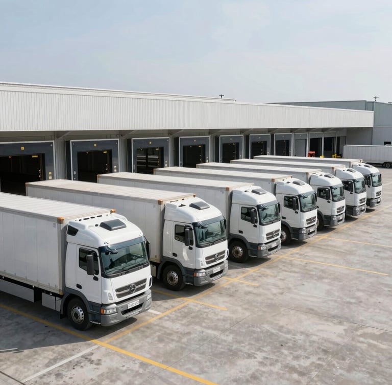 Wide-angle industrial editorial photography of a modern transport fleet lined up at a high-capacity concrete loading dock under crisp daylight, cool ambient tones