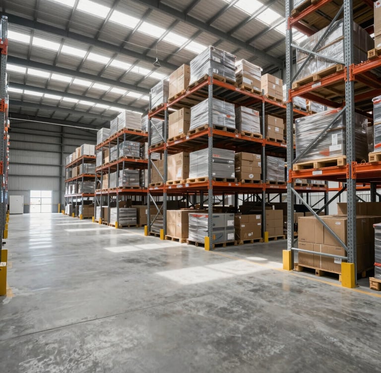 Wide environmental shot of a modern high-capacity logistics warehouse in India, clean industrial concrete floors, organized steel shelving systems, natural daylight filtering through high windows, 35mm architectural lens.