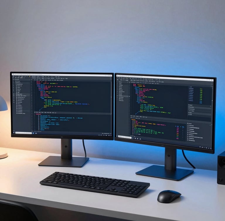 A clean modern workspace with dual monitors displaying code and analytics, warm desk lamp, ambient blue backlighting, premium tech aesthetic.