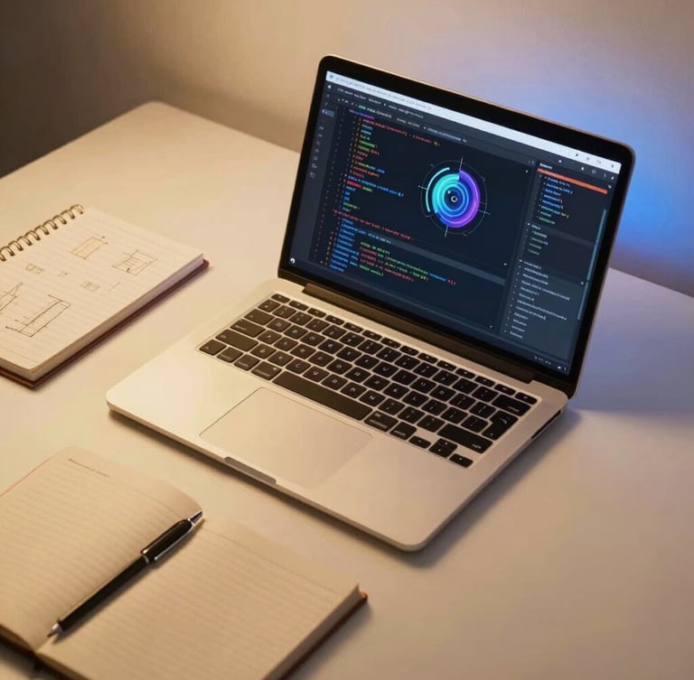 An overhead shot of a clean, modern workspace with a laptop displaying code and AI interfaces, a notebook with diagrams, warm ambient lighting with a golden hue, premium editorial photography.