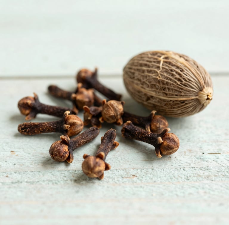 Close-up of dried organic cloves and nutmeg on a rustic wooden surface, soft natural daylight, muted sage green tones, airy editorial photography