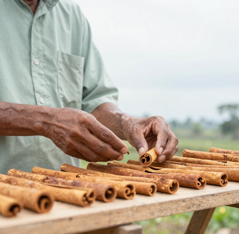 Hands of an Indonesian farmer inspecting sun-dried cinnamon sticks on a clean wooden rack, bright overcast sky, soft natural daylight