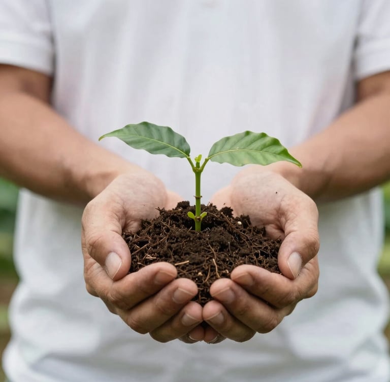 Close-up of a farmer's hands gently holding rich dark soil with young green coffee plant shoots, soft overcast natural light, detailed texture of the earth, 35mm lens.
