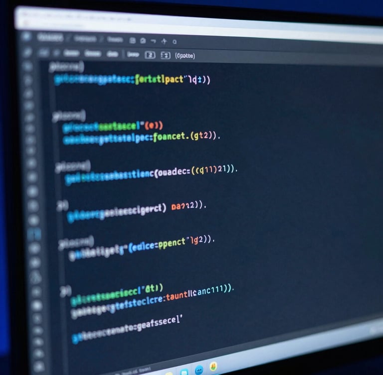 Macro close-up of clean source code on a high-end monitor, cool-toned studio lighting, deep slate and electric blue highlights, high contrast
