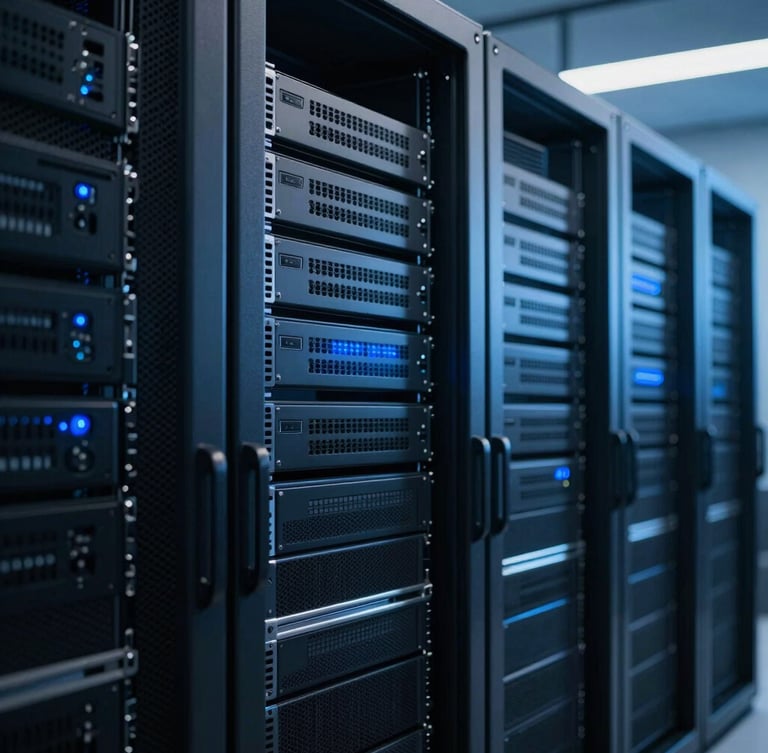 Sleek server racks in a modern clean datacenter, cool-toned studio lighting, deep shadows with sharp blue highlights, high contrast