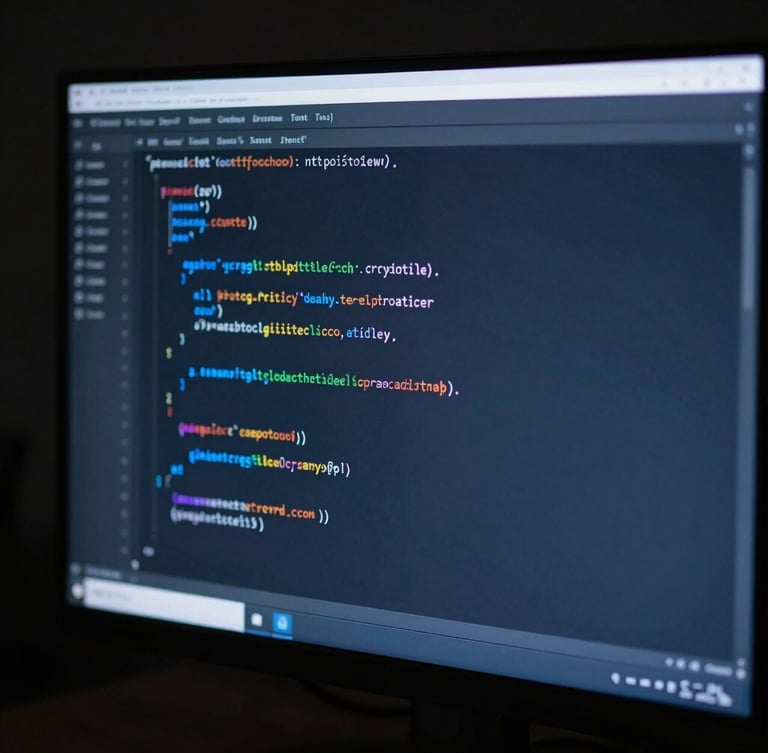 Close-up macro shot of clean code on a high-end monitor in a dark room, cool-toned studio lighting, deep slate and electric blue highlights, high contrast