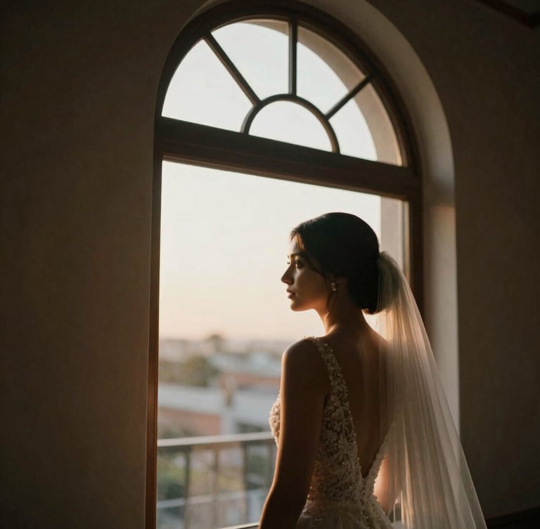 A quiet, candid moment of a bride looking out a tall arched window, soft golden-hour light illuminating her face, rich muted tones, shallow depth of field, 35mm film look.