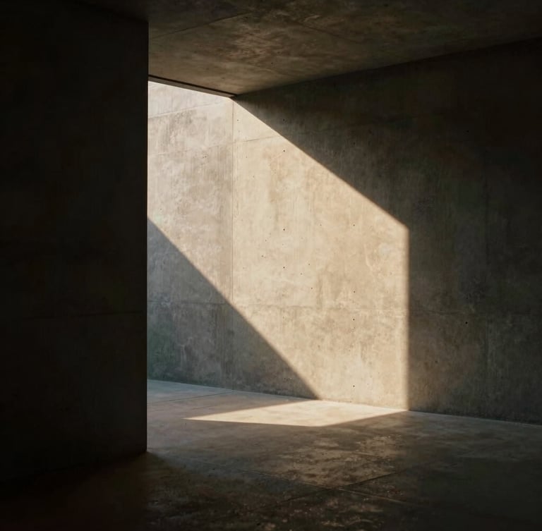 Dramatic directional window light illuminating a minimalist concrete interior, sharp architectural lines, soft dust motes, rich shadows, 35mm film look.