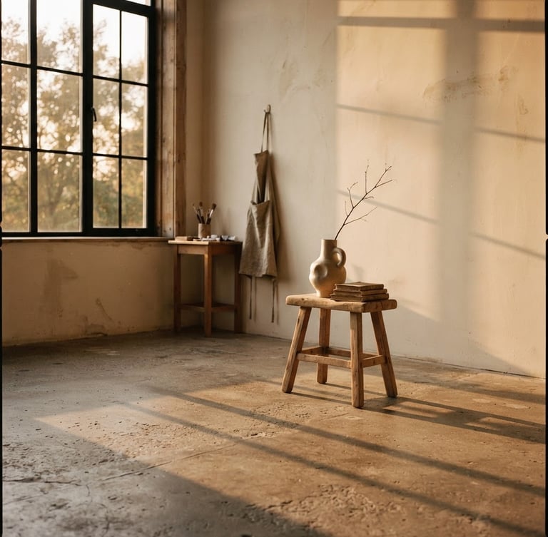 A minimalist studio interior with dramatic directional window light casting long shadows on a concrete floor, warm cream tones, cinematic editorial photography, 35mm film look.