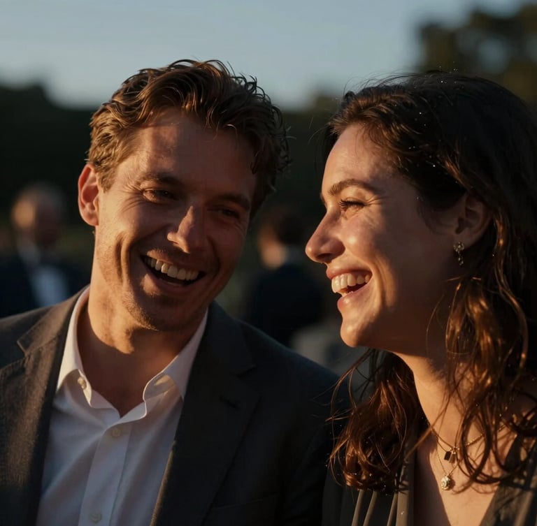 Intimate close-up portrait of two guests sharing a candid laugh at a twilight reception, warm low-angle sunset light highlighting their expressions, cinematic focus, dark background