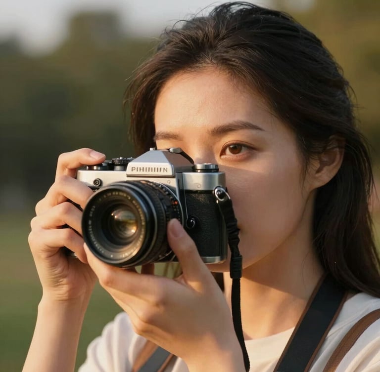 A close-up portrait of a female photographer with warm, natural golden hour sunlight hitting her face, holding a vintage camera, soft out-of-focus background of trees.
