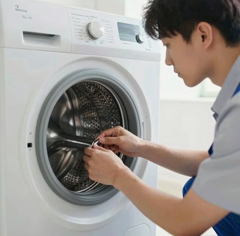 A close-up portrait of a professional technician in a clean uniform inspecting a washing machine drum, bright natural light, sharp focus, 35mm