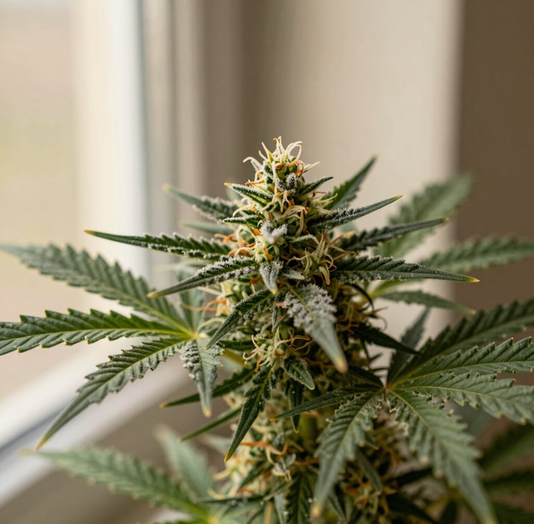 Macro close-up of frosted cannabis trichomes on a deep green leaf, soft warm window light, shallow depth of field, rich tones