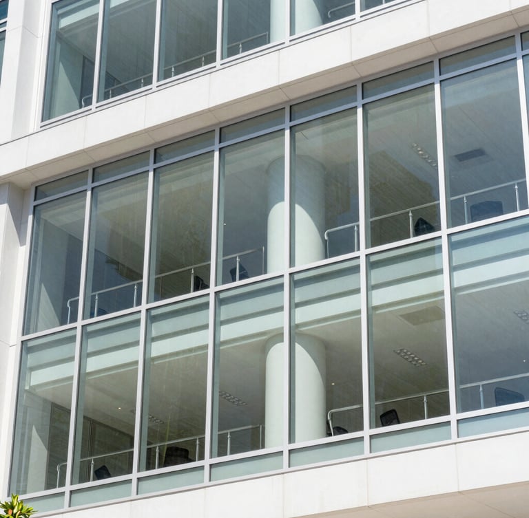 Bright natural daylight shot of a modern glass office building facade in St. Petersburg Florida, clean architectural lines, sharp focus, 35mm