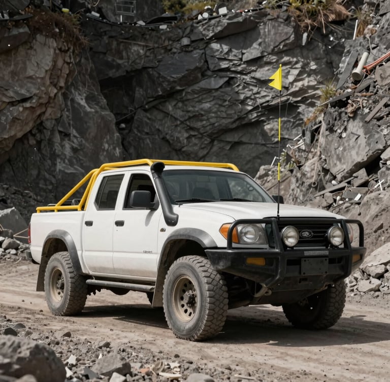 Low-angle heroic shot of a white mining-spec pickup truck equipped with a yellow roll cage and a tall safety flag, parked on a rugged dirt road inside an active mine site, harsh natural daylight.
