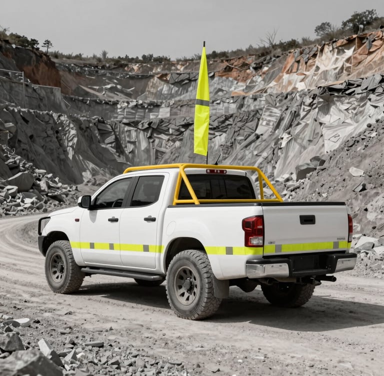 Low-angle heroic shot of a heavy-duty white pickup truck equipped with a yellow roll cage, tall high-visibility safety flag, and reflective safety striping, parked on a dusty gravel road inside an active open-pit mine, harsh daylight, high-contrast desaturated tones