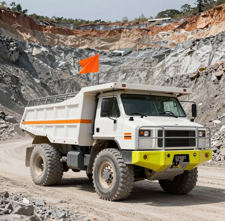 Low-angle heroic shot of a heavy-duty white mining pickup truck fitted with a high-visibility orange safety flag and steel roll cage, parked on a dusty gravel road inside a massive open-pit mine, harsh daylight casting sharp shadows