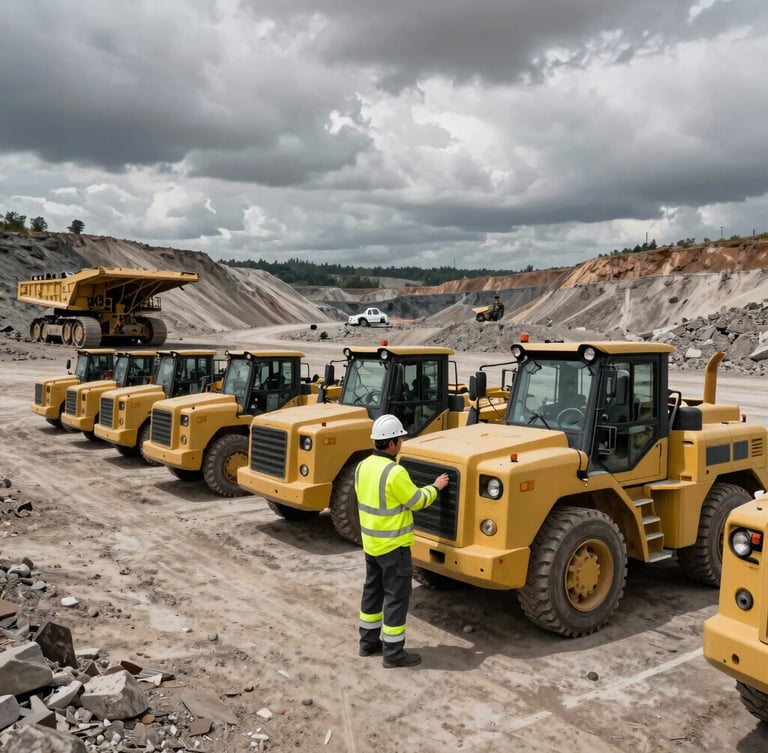 Wide environmental shot of a professional contractor in high-visibility safety gear and hardhat inspecting a mining vehicle fleet, active open-pit mining backdrop with heavy machinery under dramatic overcast skies