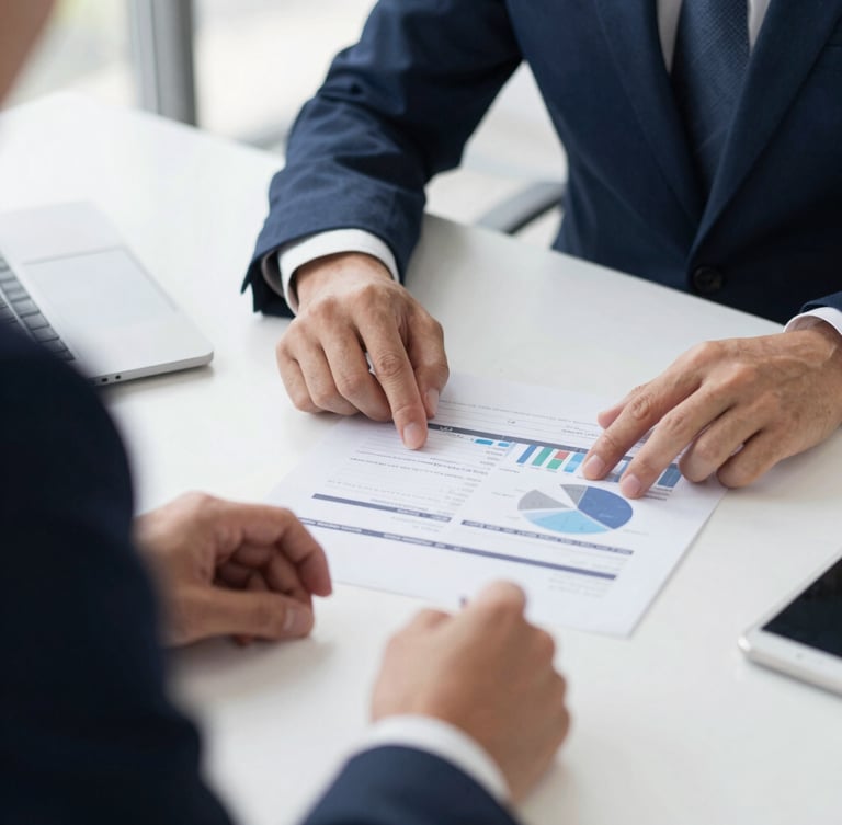 Close-up of a professional advisor's hands reviewing clean financial charts on a modern desk, bright natural daylight, sharp focus, professional editorial style.