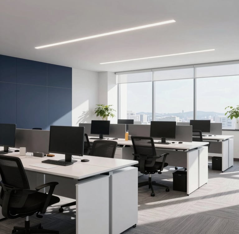 Modern corporate office environment in San José, wide shot of clean and professional workspace with soft natural daylight, 35mm lens