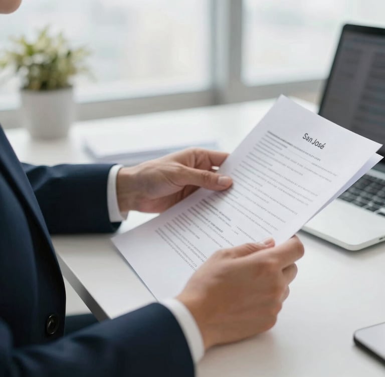 Close-up of hands reviewing clean financial documents in a bright, natural daylight office in San José, professional editorial photography, 35mm lens