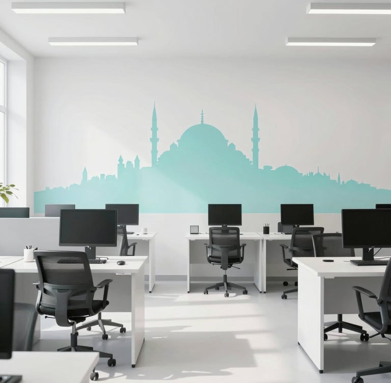 Güneş ışığı alan, modern bir ofis odasında, temizlik ekipmanları düzenli bir şekilde duruyor, arka planda İstanbul silüeti, yüksek çözünürlüklü, minimalist iç mekan fotoğrafçılığı, yumuşak sabah gün ışığı, aydınlık beyaz ve yumuşak teal tonları, üst düzey editoryal, 35mm lens.