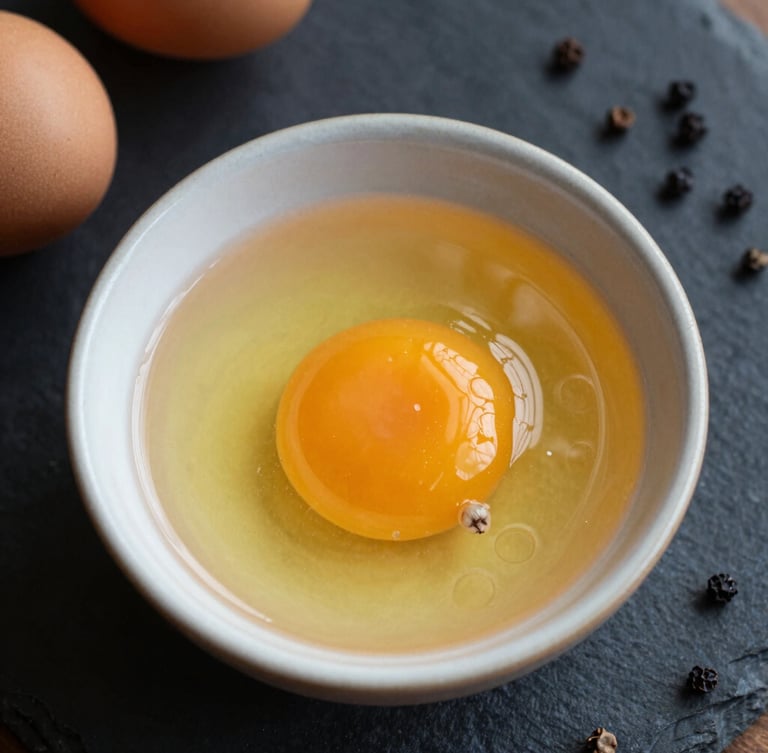 Overhead macro shot of fresh egg yolks in a ceramic bowl next to whole black peppercorns on a dark slate surface, warm morning light, moody editorial photography.
