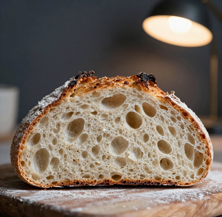 Macro close-up of a freshly baked sourdough loaf cut in half, showing a wild open crumb structure, dusted with flour, warm ambient light