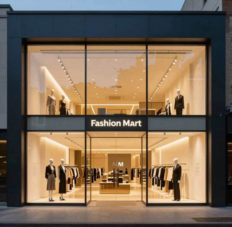 Architectural exterior of a modern MM Fashion Mart showroom at dusk, warm gold interior lighting glowing through large glass windows, clean minimalist design.