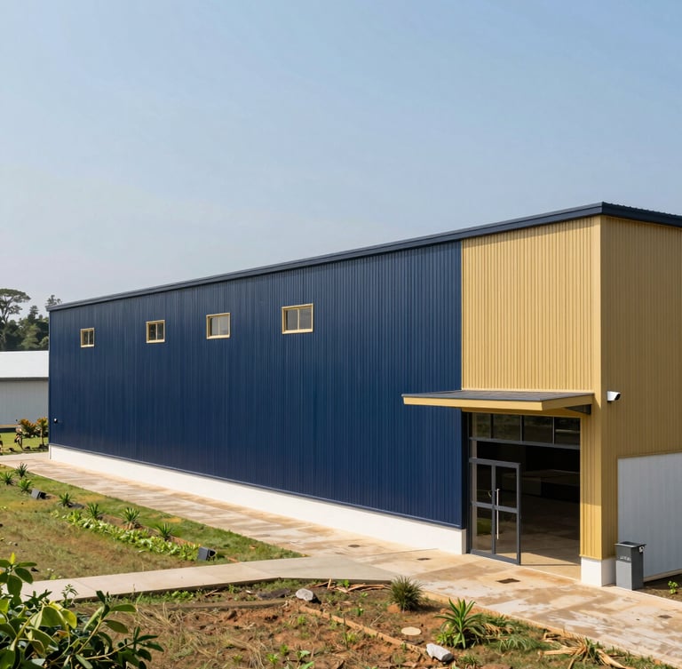 Wide environmental shot of a modern agricultural holding facility in Sri Lanka, clean architectural lines, bright natural daylight, crisp medium format photography.