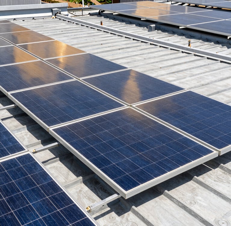 Industrial solar panel installation on a regional rooftop, bright natural sunlight, high-contrast blue and amber tones, sharp focus, 35mm lens