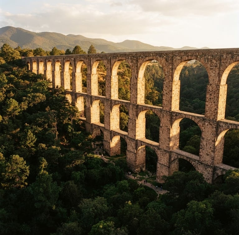 Low-angle majestic wide shot of the monumental stone aqueduct of Xalpa, golden-hour light casting long shadows through the arches, deep forest green trees below, warm 35mm photography