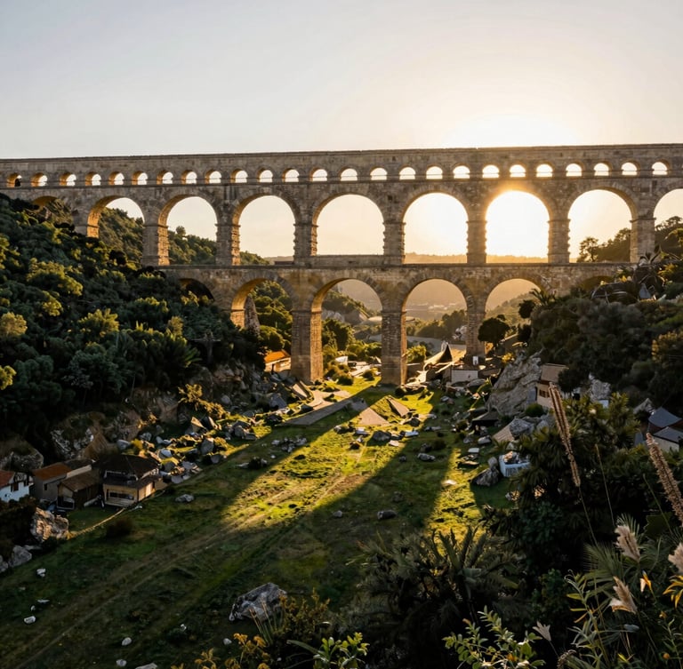 Wide-angle editorial travel photography of the majestic stone aqueduct of Arcos del Sitio during golden hour, long shadows stretching across the green canyon floor, warm sunlight hitting the stone masonry.